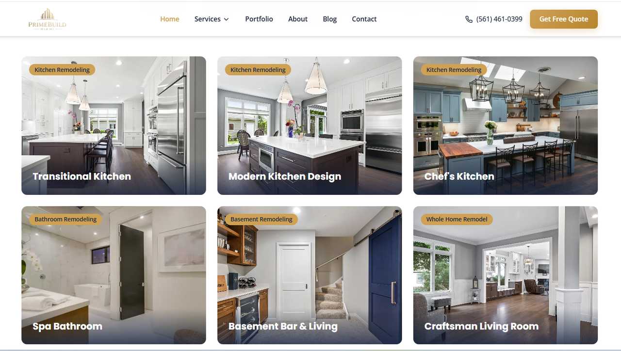 PrimeBuild Miami home remodeling website, a fully custom coded portfolio-led build by Pixi Web Design