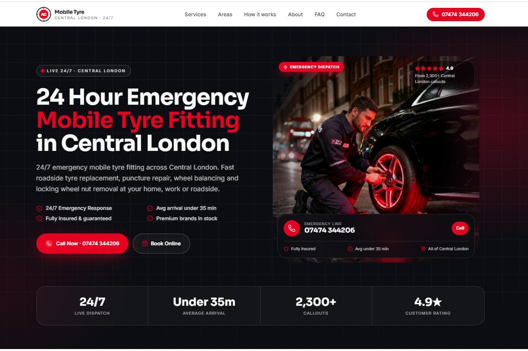 AC Mobile Tyre mobile tyre fitting website designed by Pixi Web Design with 24/7 call-first lead capture