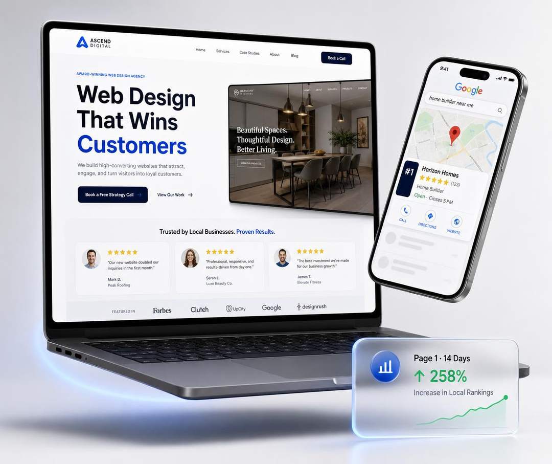 Web design Hoddesdon mockup showing a local business website beside its number one Google Maps ranking in Hertfordshire