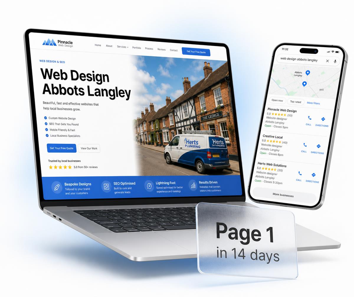 Abbots Langley website design shown on a laptop beside a phone displaying the business ranking in the local Google Maps results