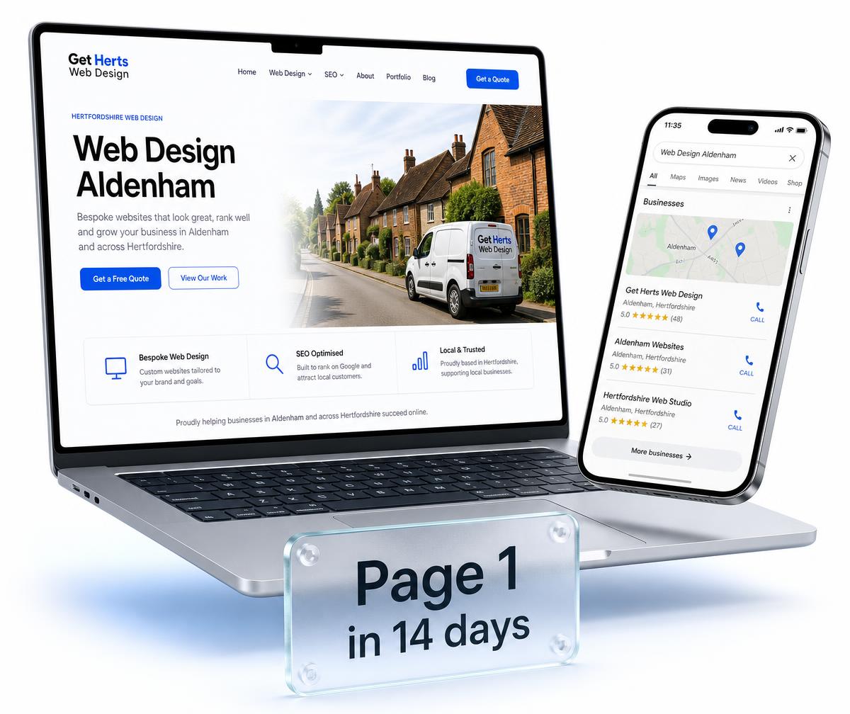 Aldenham website design shown on a laptop beside a phone displaying the business ranking in the local Google Maps results
