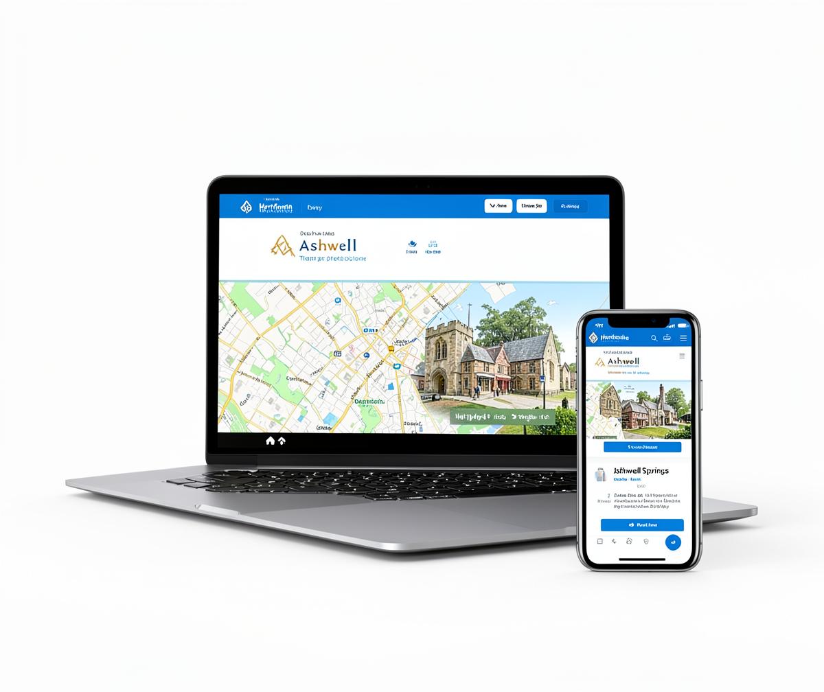 Ashwell website design shown on a laptop beside a phone displaying the business ranking in the local Google Maps results