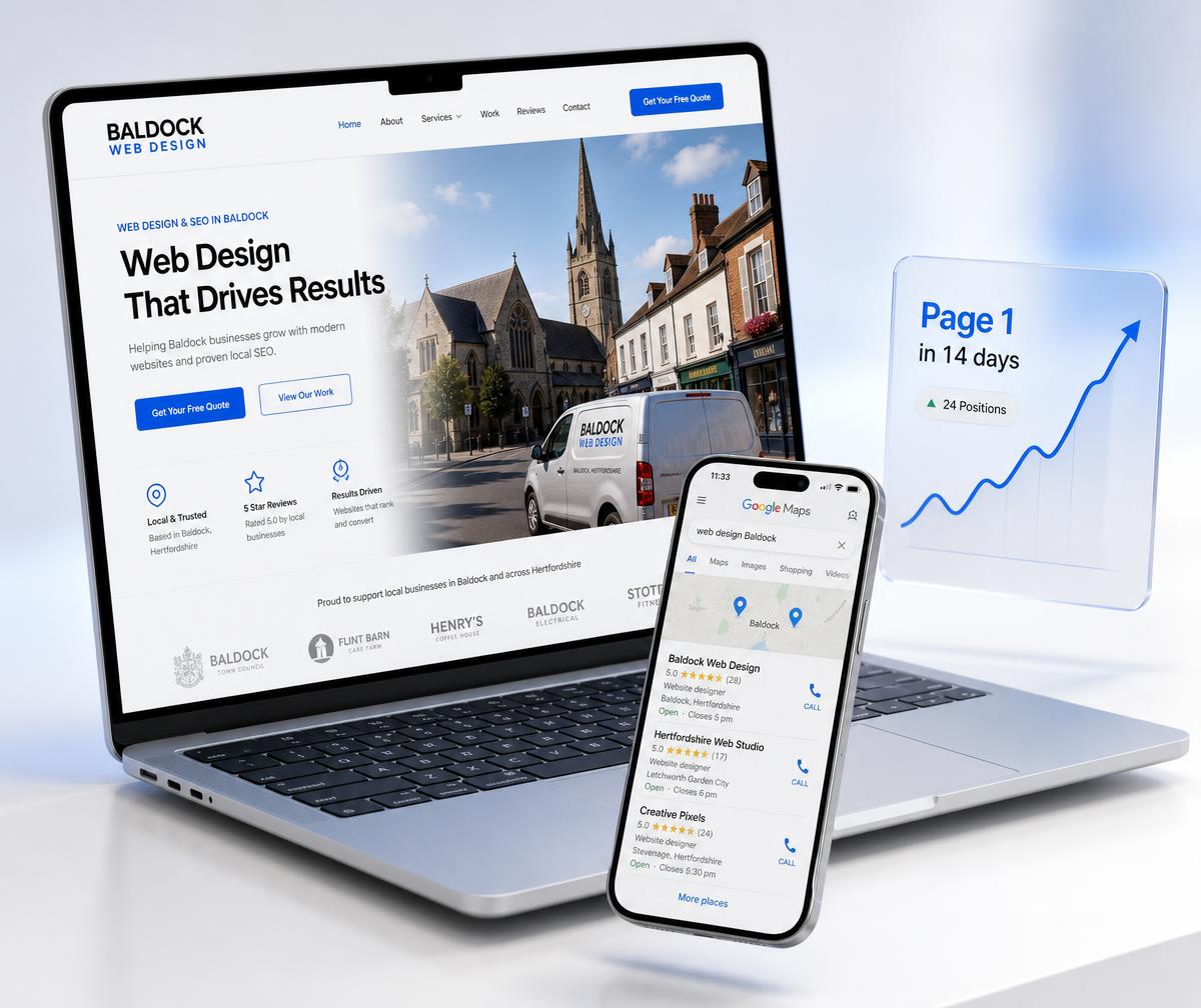 Baldock website design shown on a laptop beside a phone displaying the business ranking in the local Google Maps results