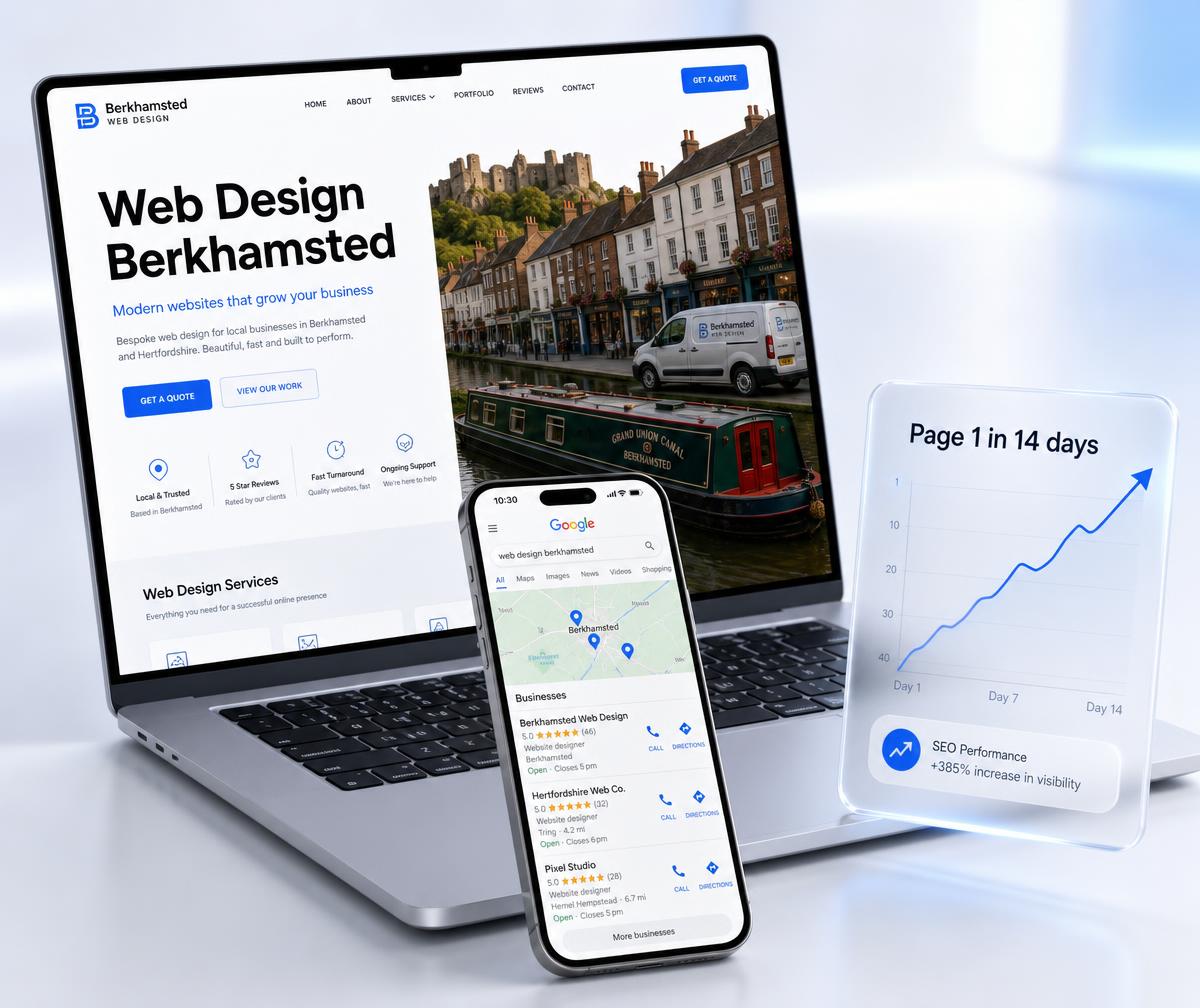 Berkhamsted website design shown on a laptop beside a phone displaying the business ranking in the local Google Maps results