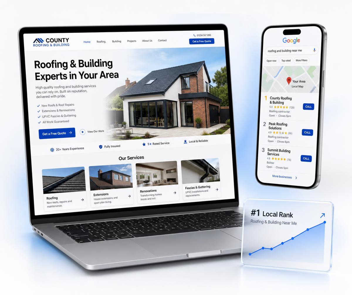 Bishop's Stortford website design shown on a laptop beside a phone displaying the business ranking in the local Google Maps results