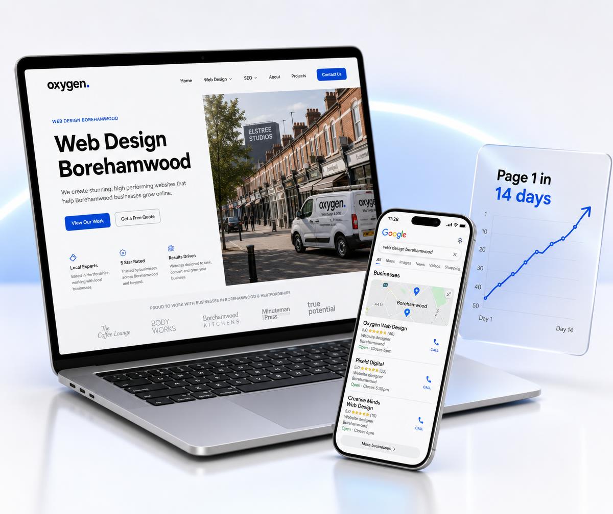 Borehamwood website design shown on a laptop beside a phone displaying the business ranking in the local Google Maps results