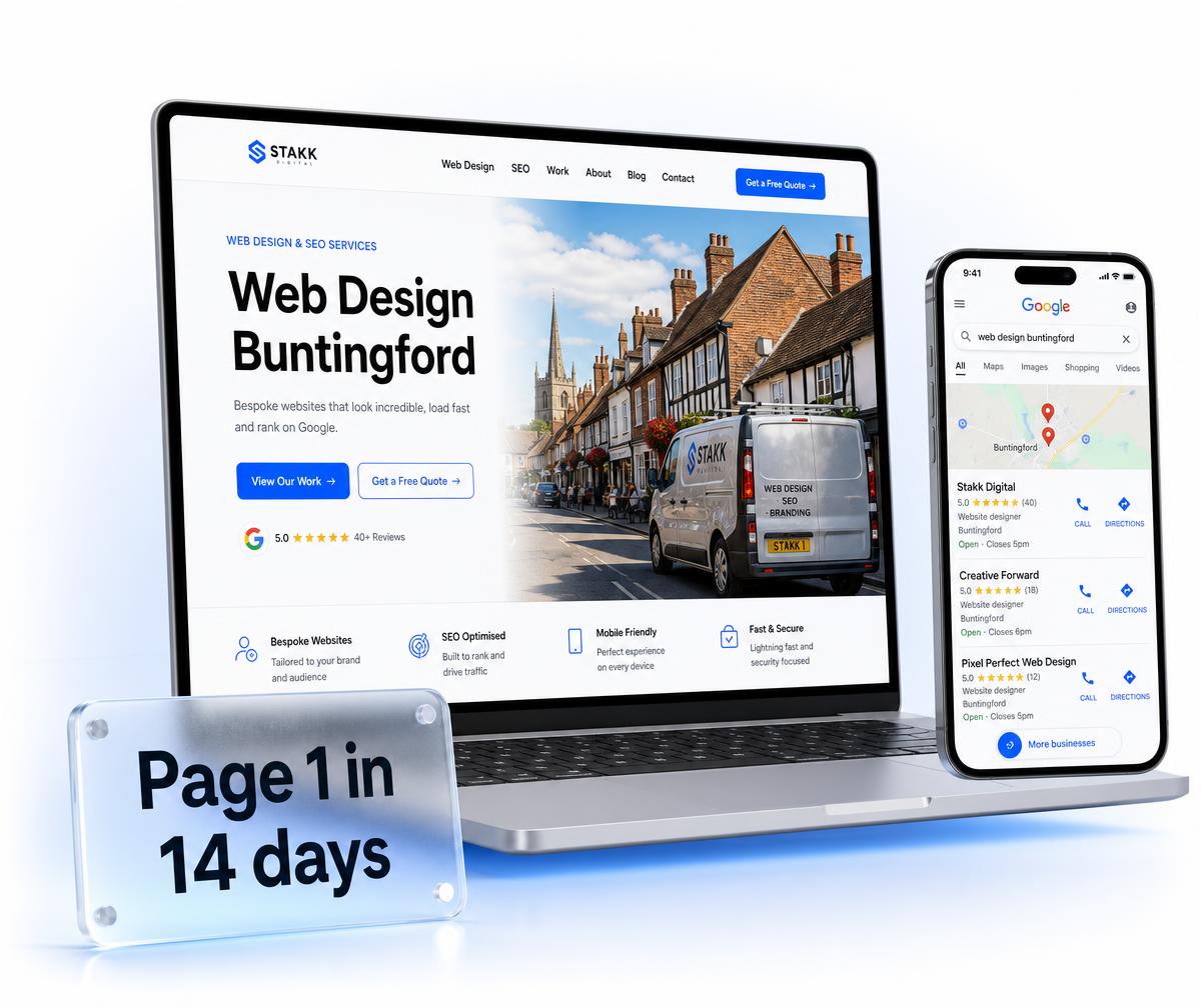 Buntingford website design shown on a laptop beside a phone displaying the business ranking in the local Google Maps results