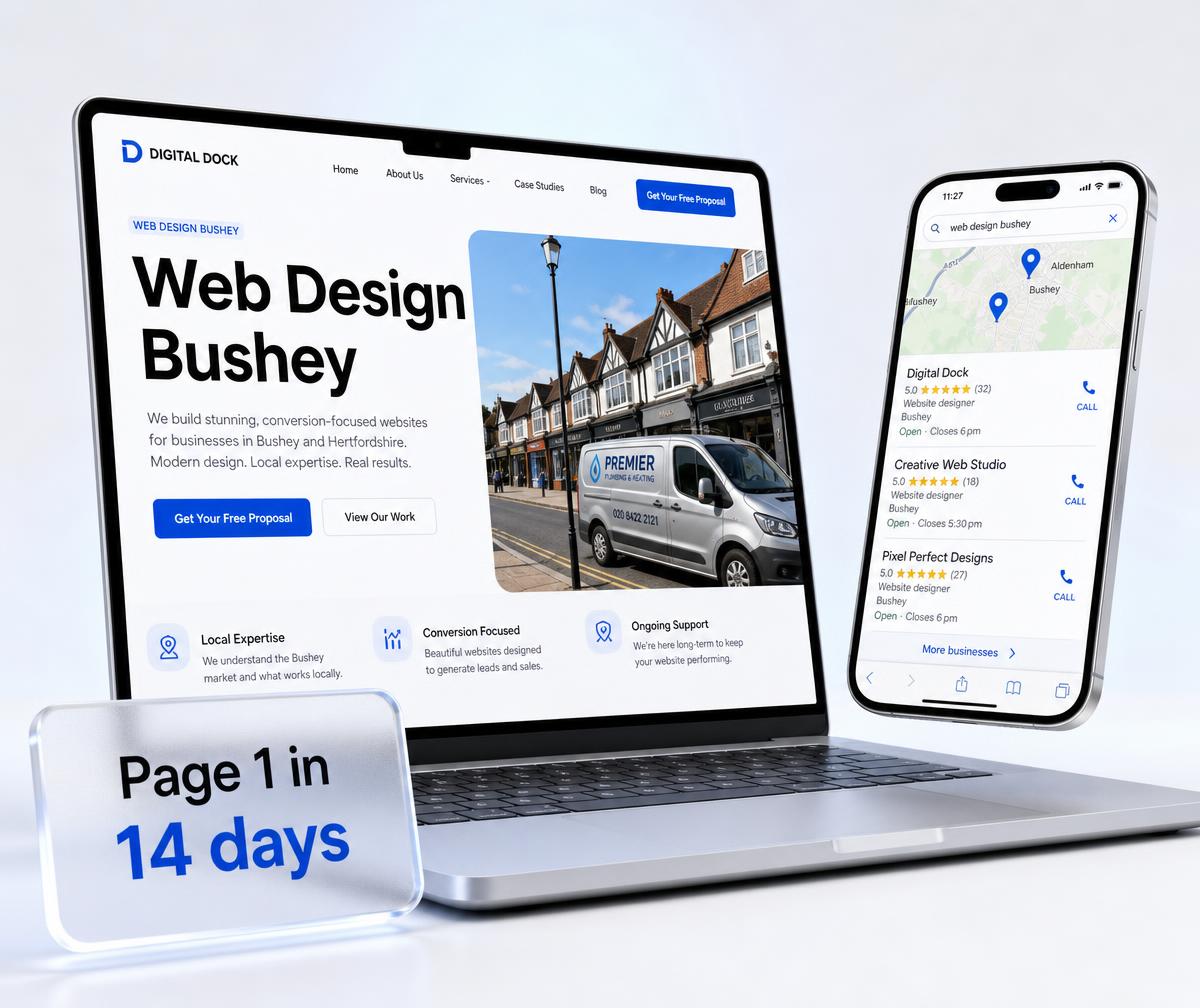 Bushey website design shown on a laptop beside a phone displaying the business ranking in the local Google Maps results