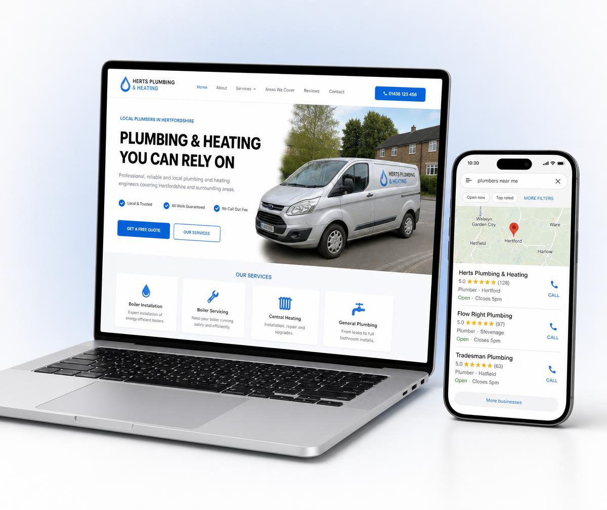 Cheshunt website design shown on a laptop beside a phone displaying the business ranking in the local Google Maps results