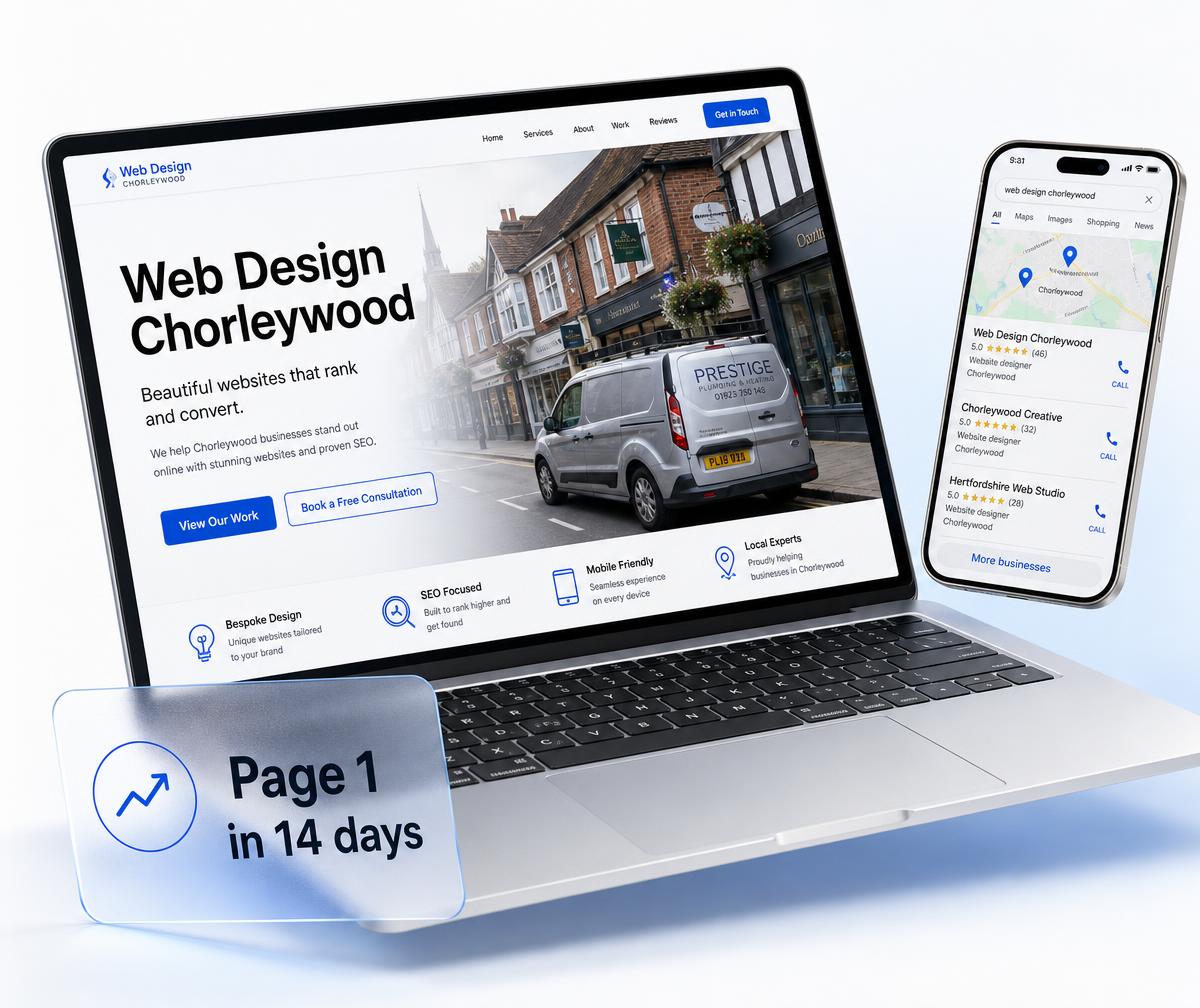 Chorleywood website design shown on a laptop beside a phone displaying the business ranking in the local Google Maps results