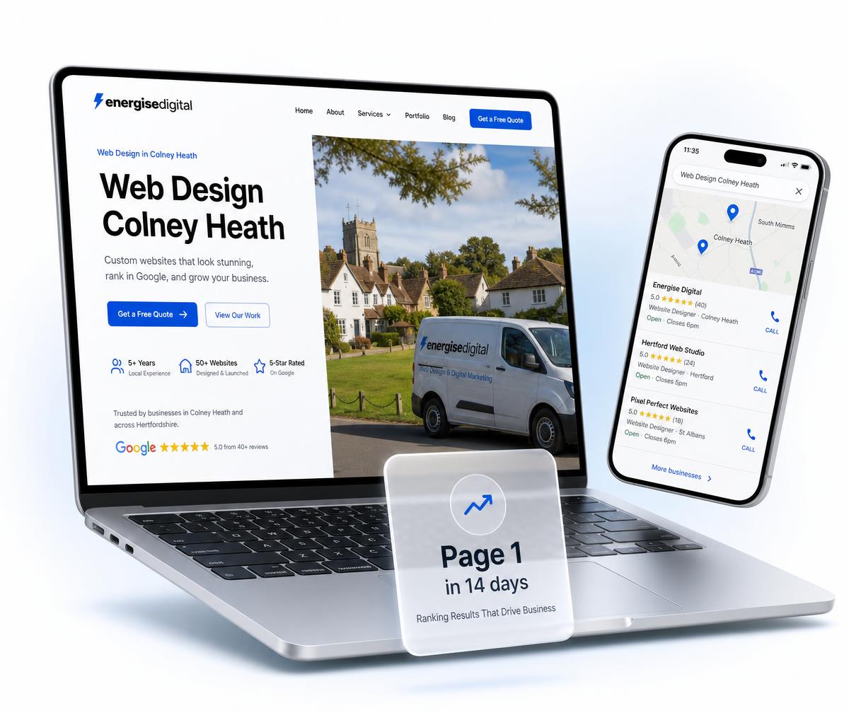 Colney Heath website design shown on a laptop beside a phone displaying the business ranking in the local Google Maps results