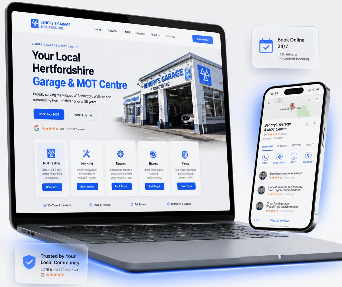 Cottered website design shown on a laptop beside a phone displaying the business ranking in the local Google Maps results