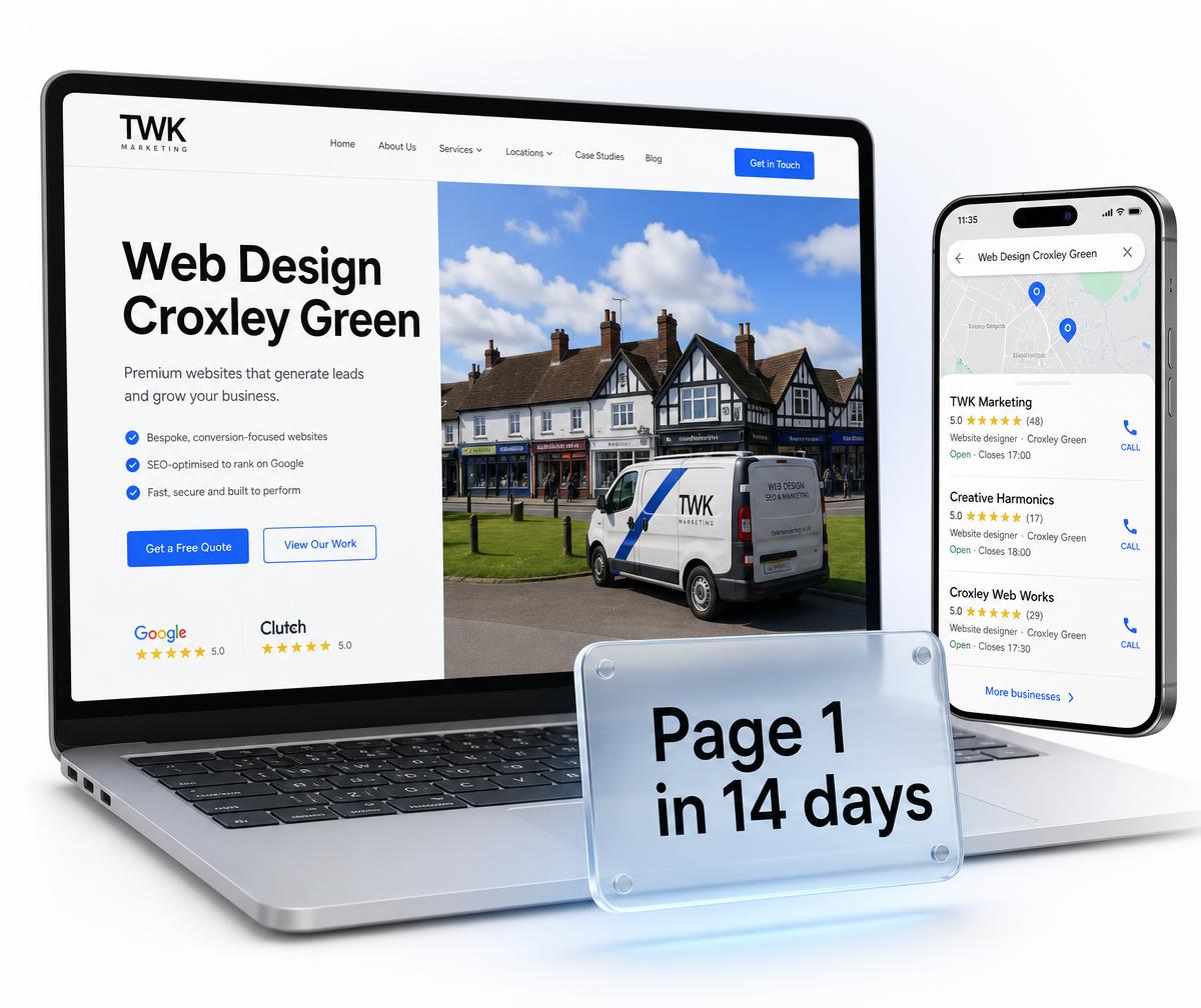 Croxley Green website design shown on a laptop beside a phone displaying the business ranking in the local Google Maps results