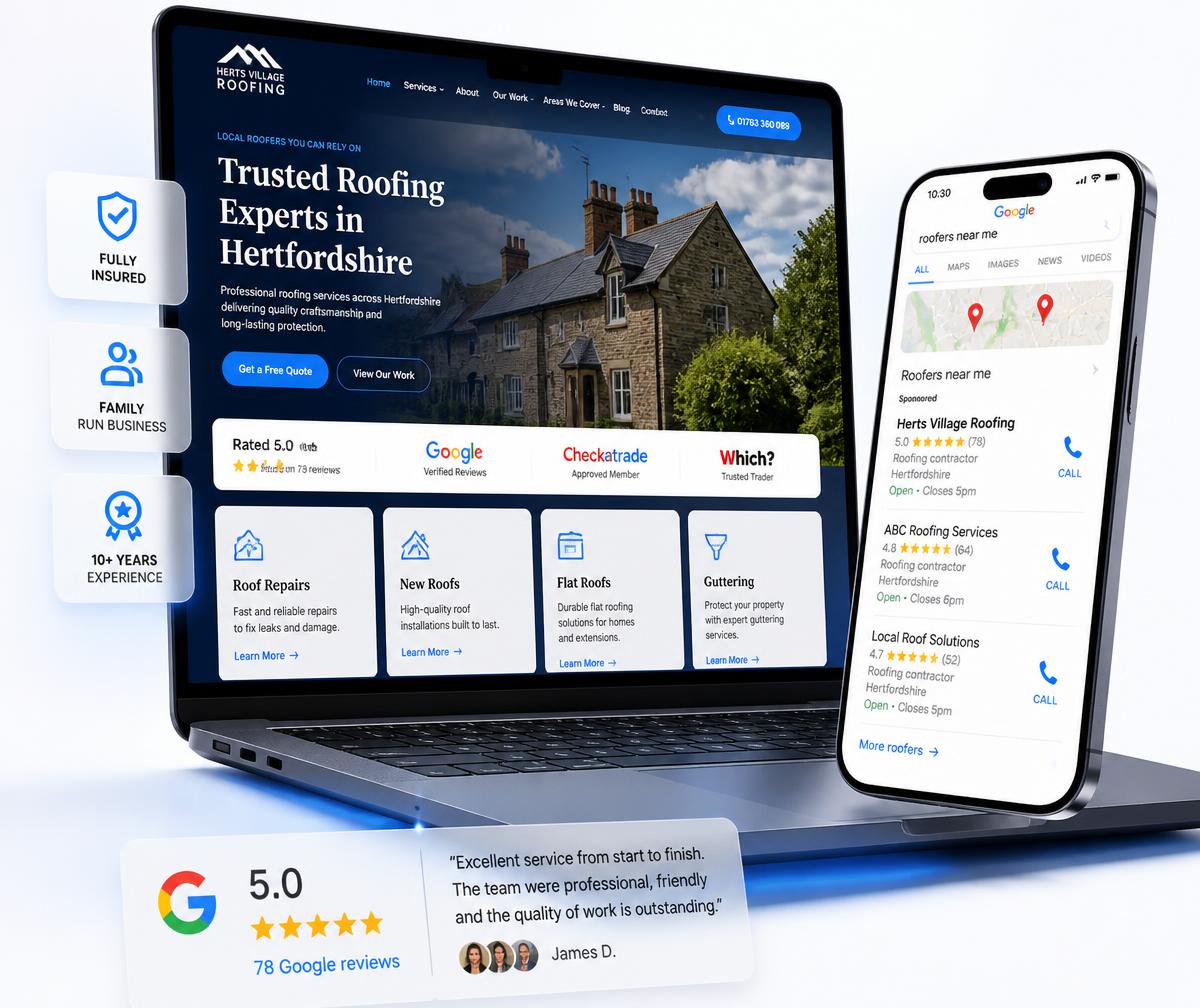 Datchworth website design shown on a laptop beside a phone displaying the business ranking in the local Google Maps results