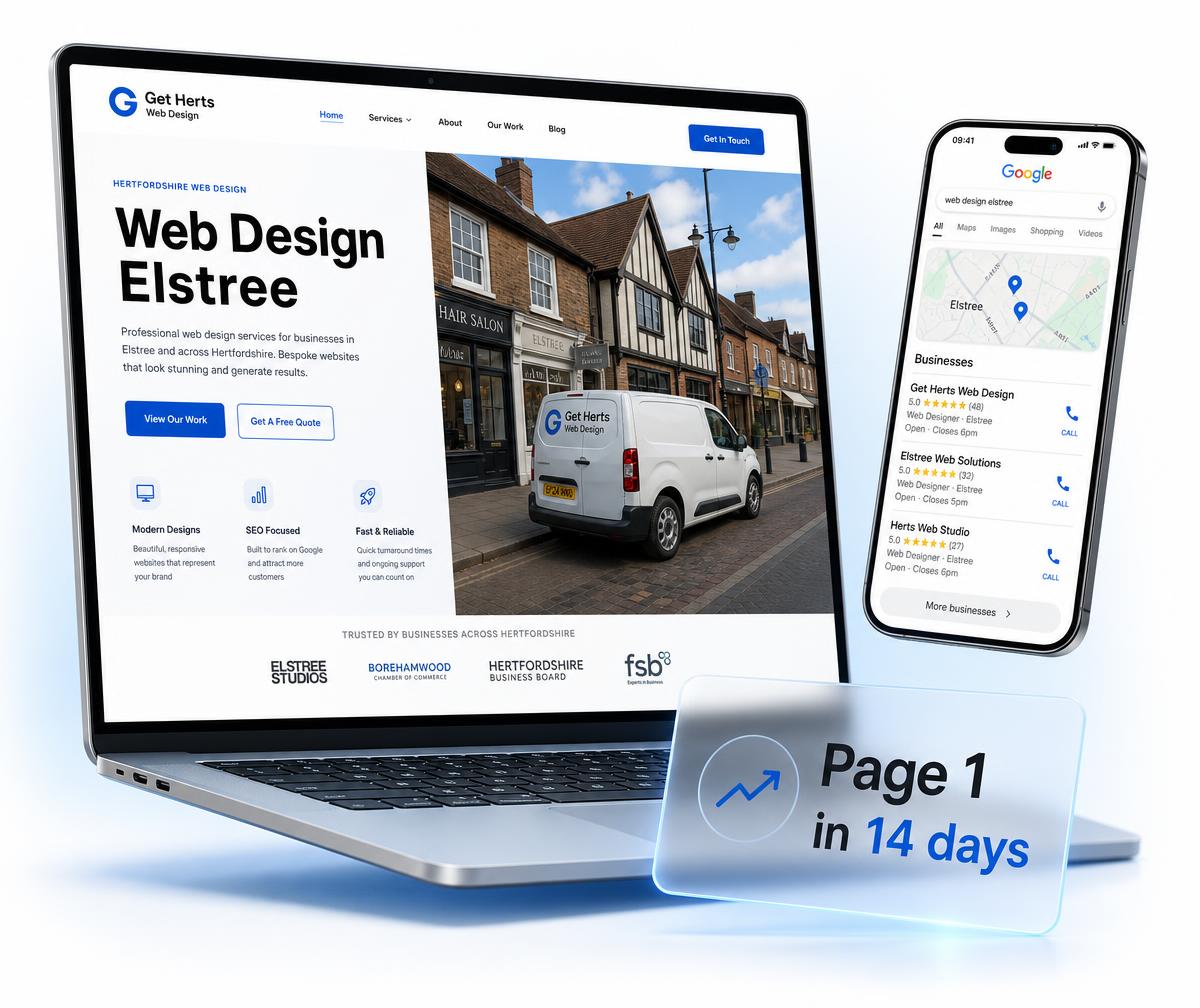 Elstree website design shown on a laptop beside a phone displaying the business ranking in the local Google Maps results