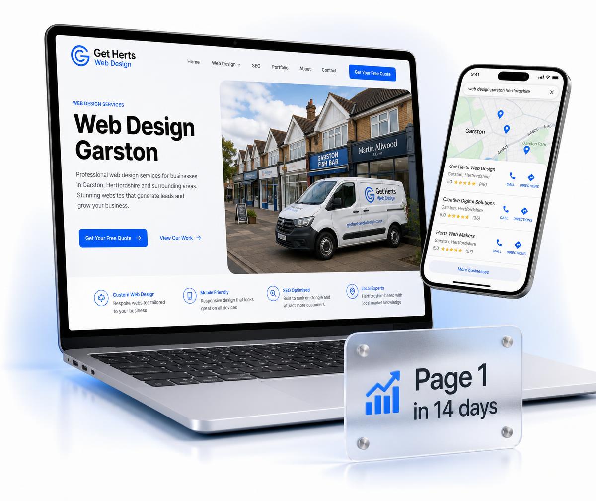 Garston website design shown on a laptop beside a phone displaying the business ranking in the local Google Maps results