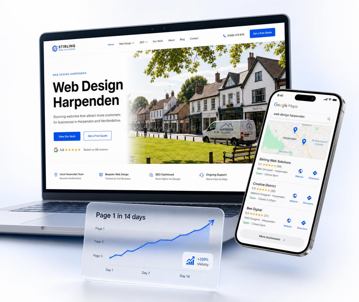 Harpenden website design shown on a laptop beside a phone displaying the business ranking in the local Google Maps results