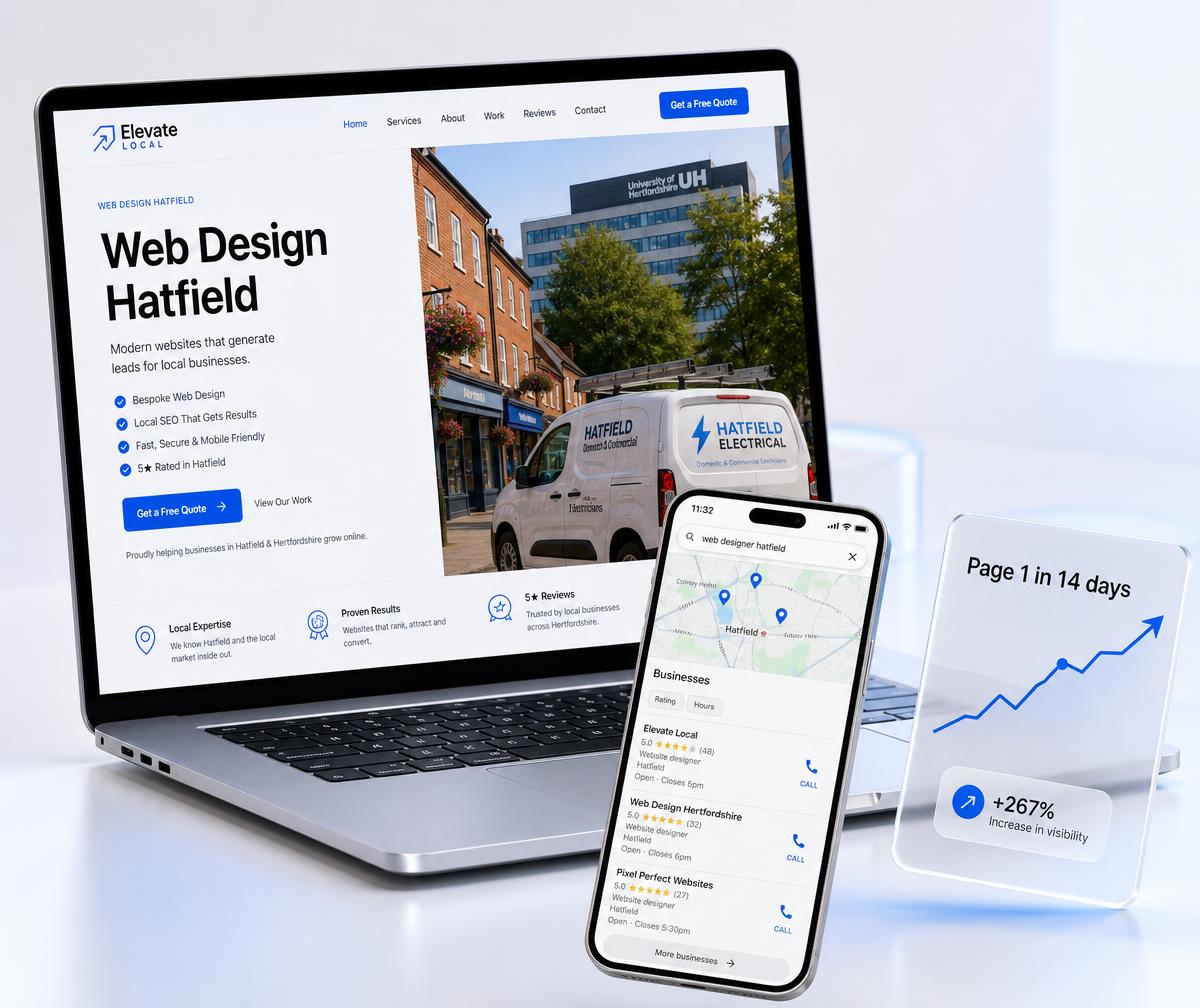 Hatfield website design shown on a laptop beside a phone displaying the business ranking in the local Google Maps results