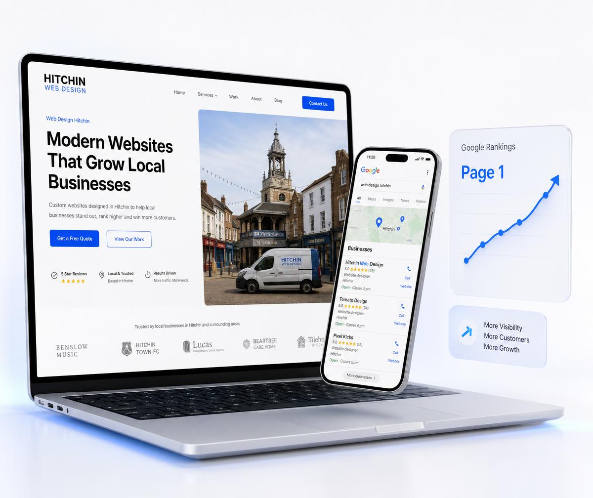 Hitchin website design shown on a laptop beside a phone displaying the business ranking in the local Google Maps results