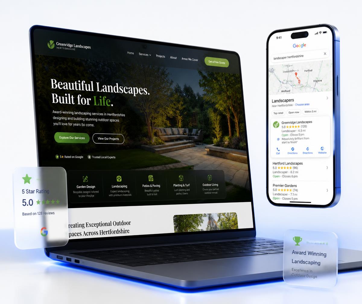 Kimpton website design shown on a laptop beside a phone displaying the business ranking in the local Google Maps results