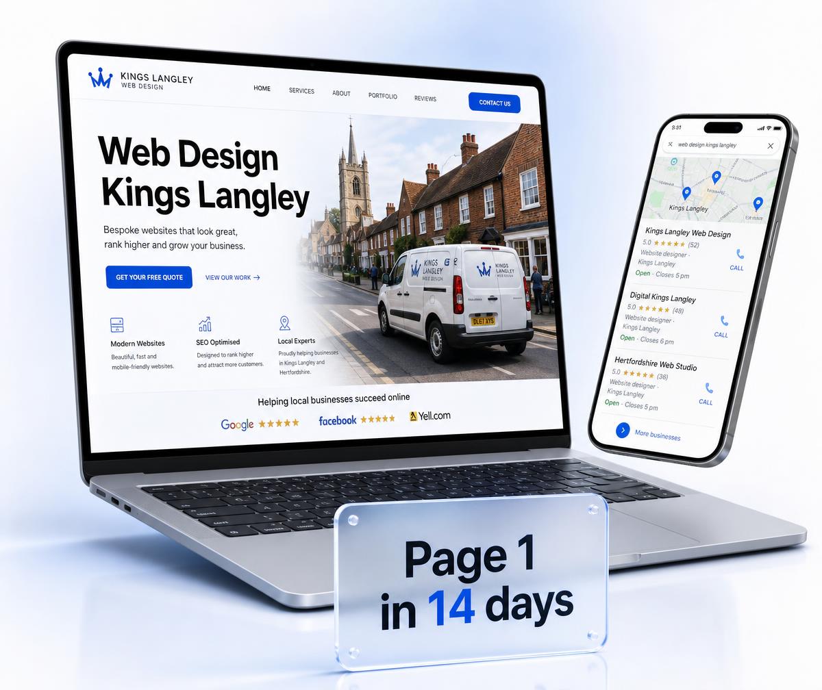 Kings Langley website design shown on a laptop beside a phone displaying the business ranking in the local Google Maps results