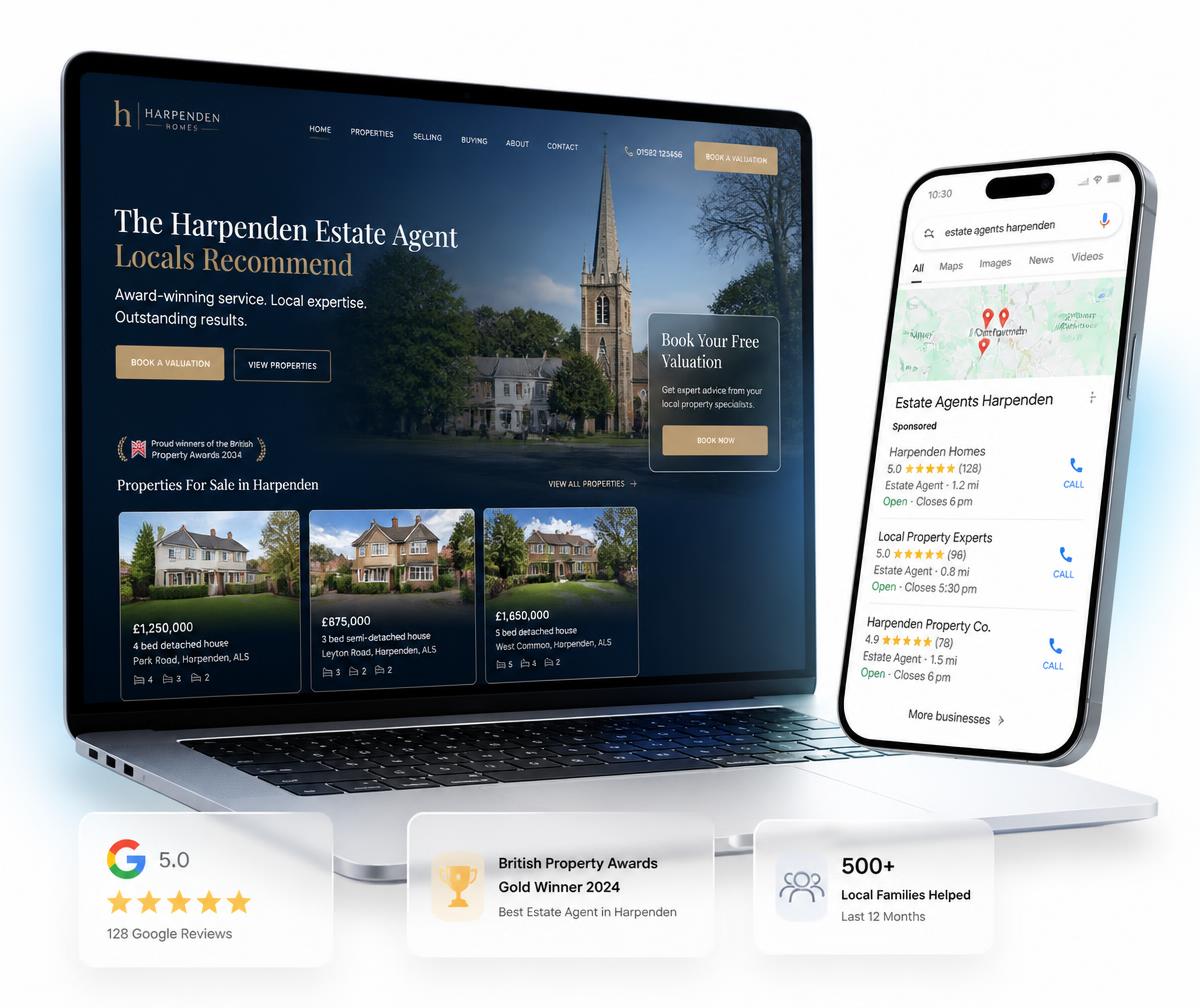 Knebworth website design shown on a laptop beside a phone displaying the business ranking in the local Google Maps results