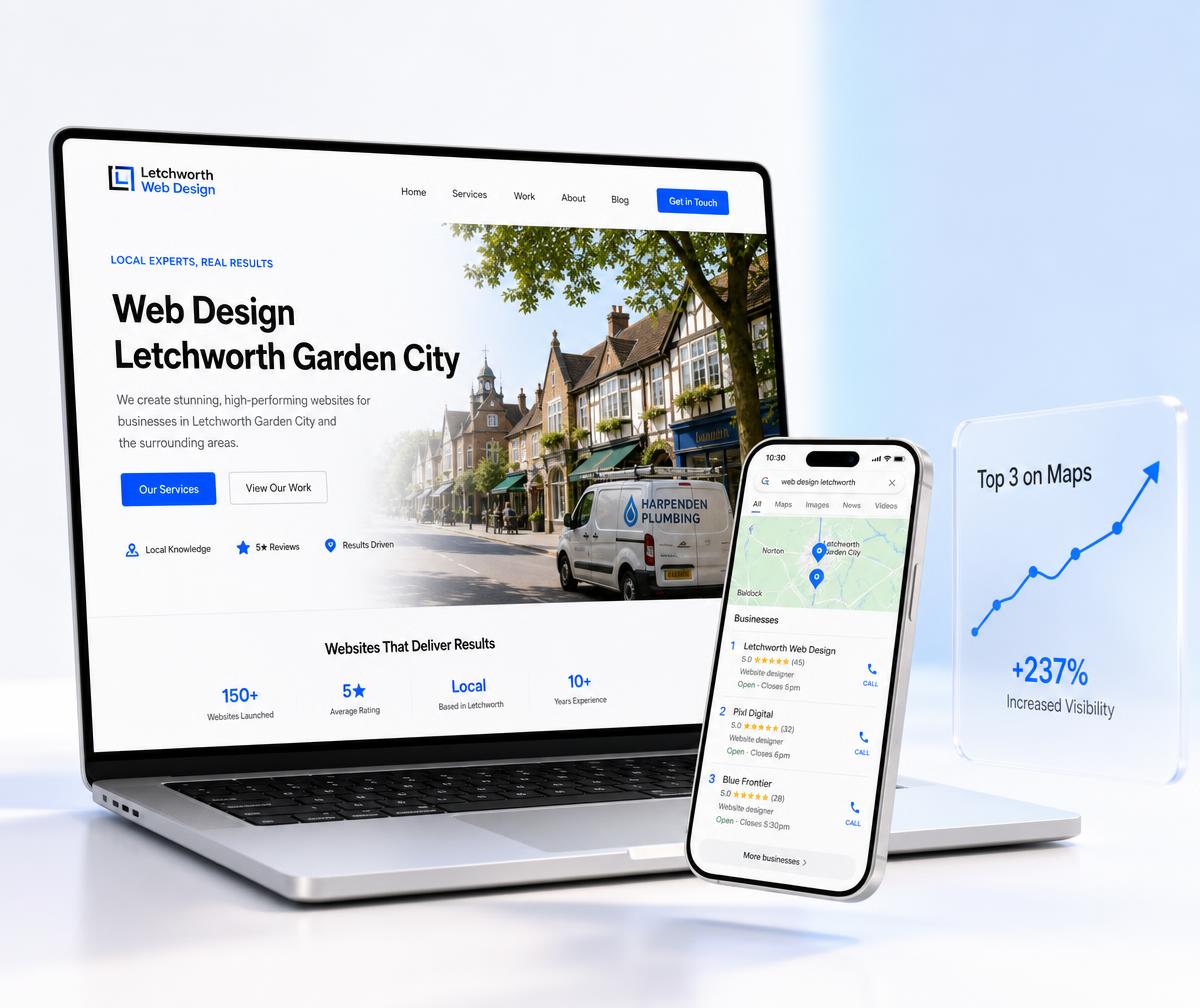 Letchworth website design shown on a laptop beside a phone displaying the business ranking in the local Google Maps results