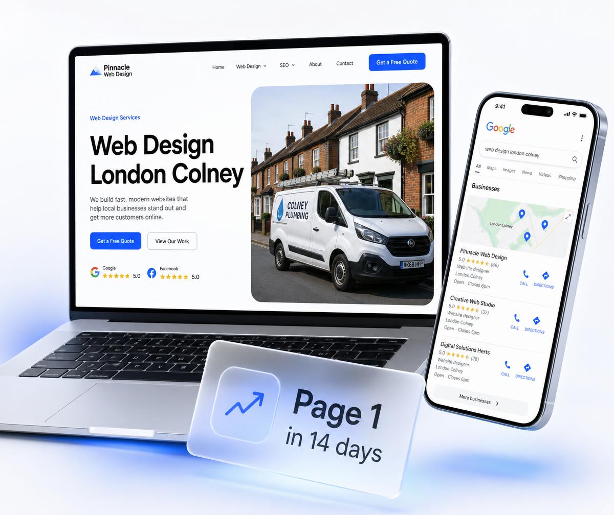 London Colney website design shown on a laptop beside a phone displaying the business ranking in the local Google Maps results