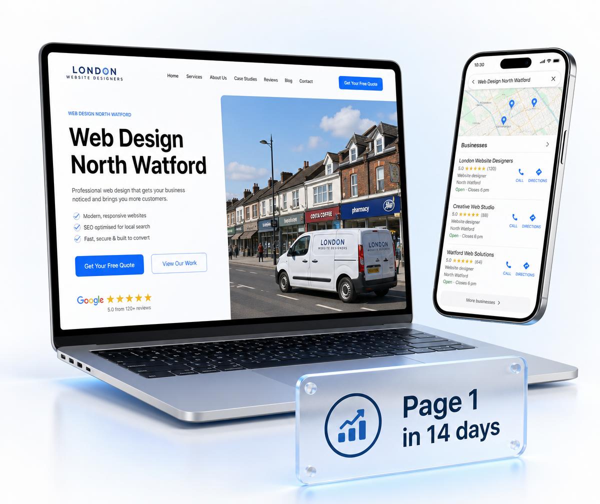 North Watford website design shown on a laptop beside a phone displaying the business ranking in the local Google Maps results