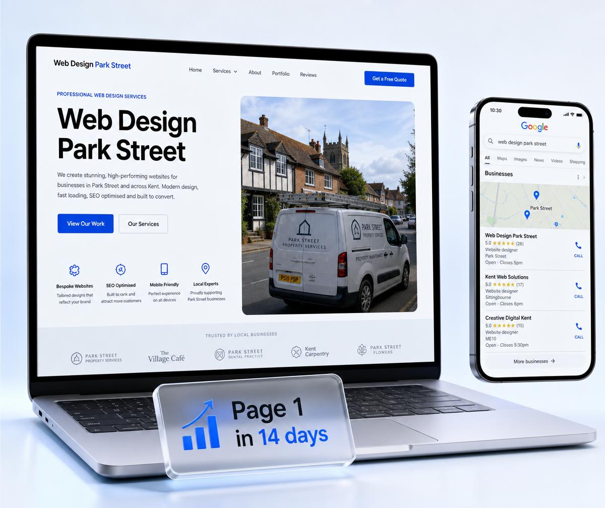Park Street website design shown on a laptop beside a phone displaying the business ranking in the local Google Maps results