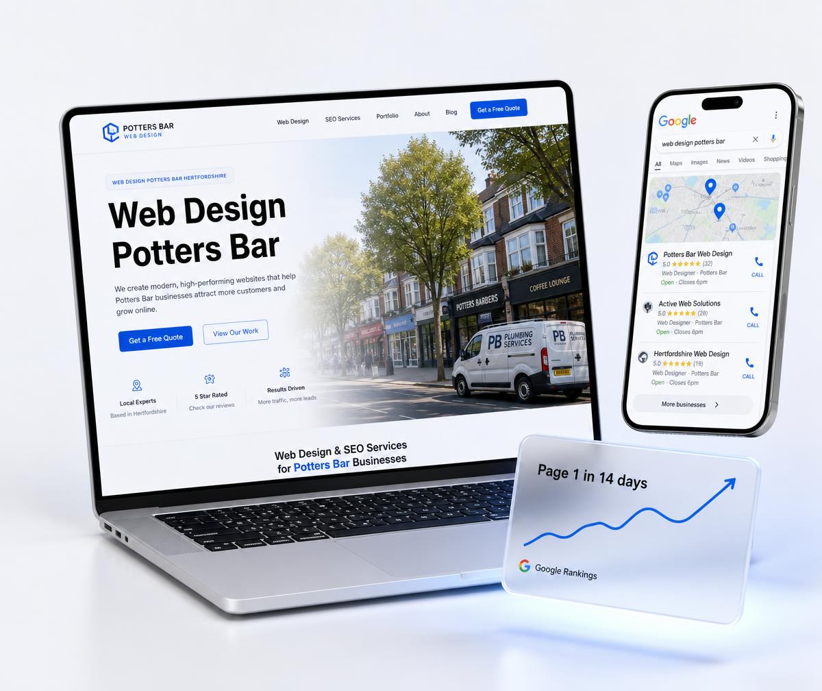 Potters Bar website design shown on a laptop beside a phone displaying the business ranking in the local Google Maps results