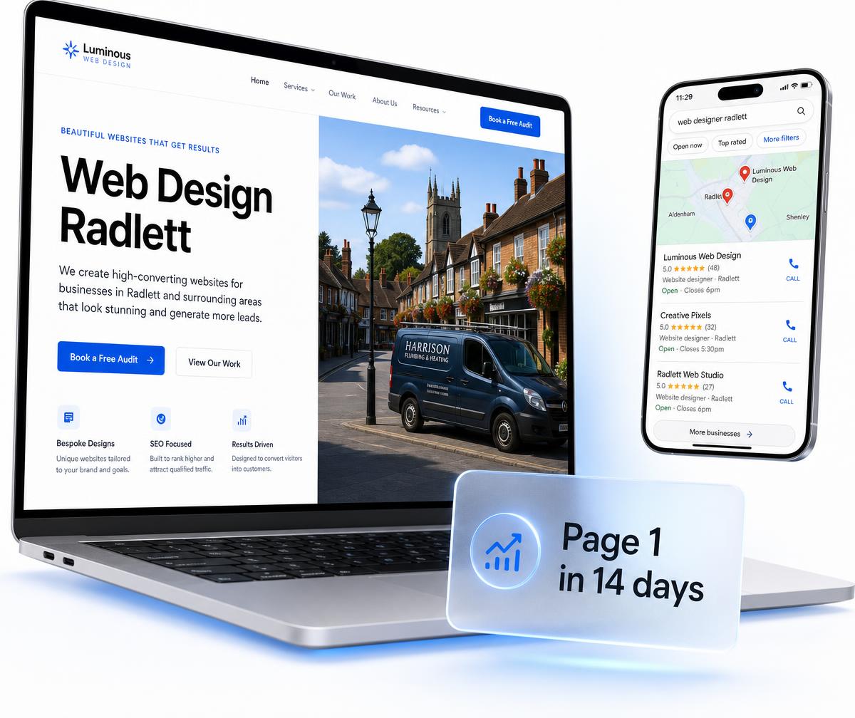 Radlett website design shown on a laptop beside a phone displaying the business ranking in the local Google Maps results