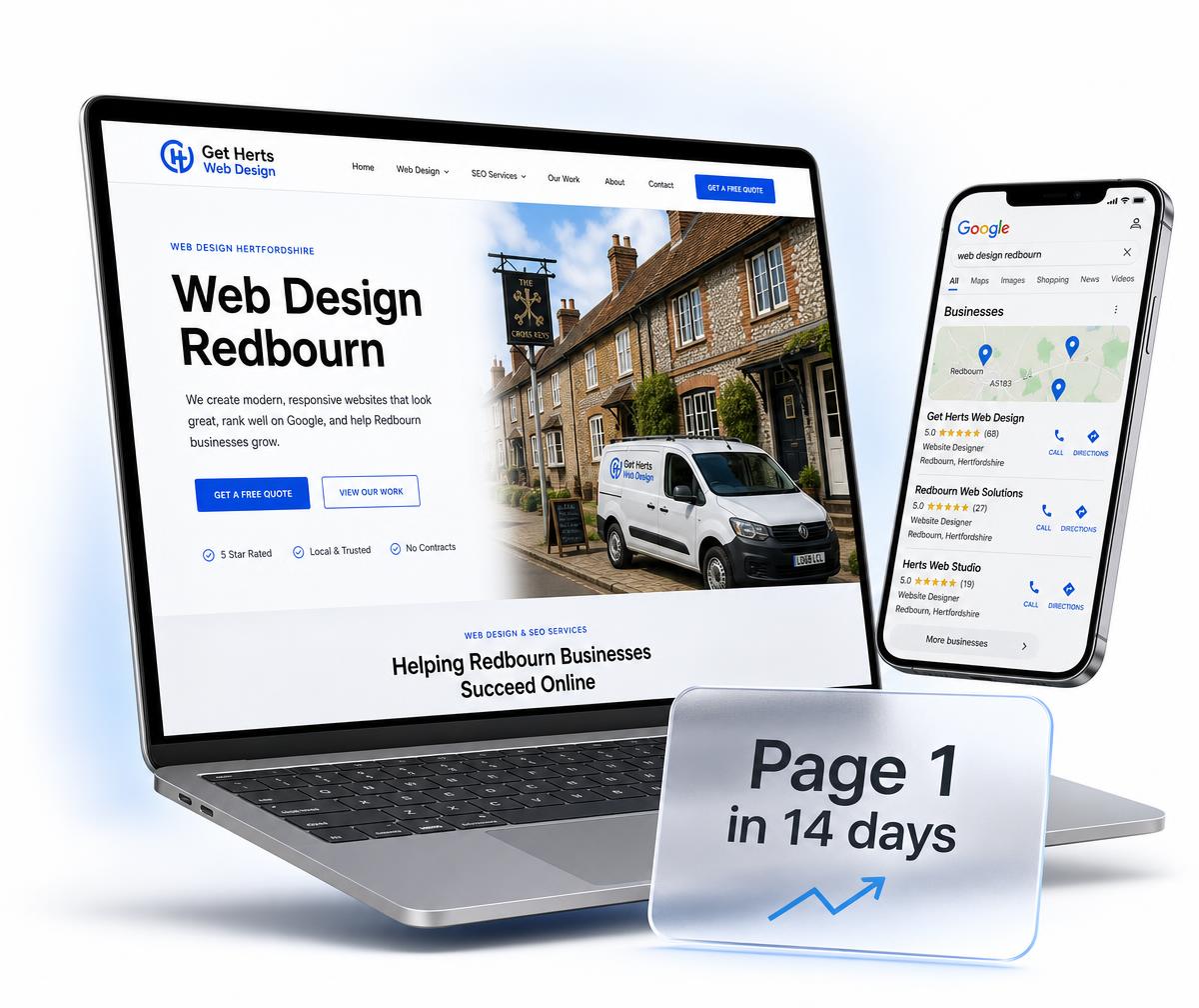 Redbourn website design shown on a laptop beside a phone displaying the business ranking in the local Google Maps results