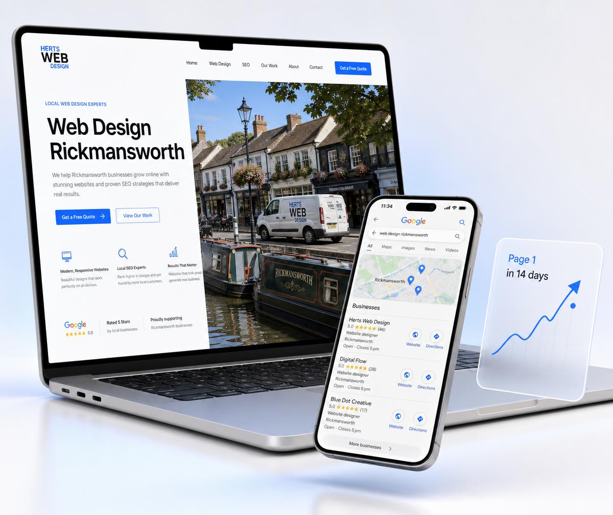 Rickmansworth website design shown on a laptop beside a phone displaying the business ranking in the local Google Maps results