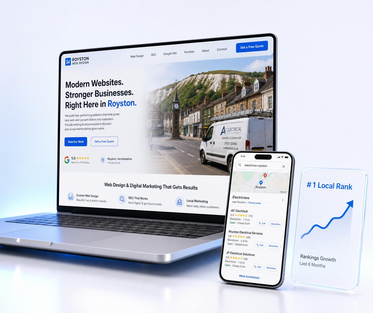Royston website design shown on a laptop beside a phone displaying the business ranking in the local Google Maps results