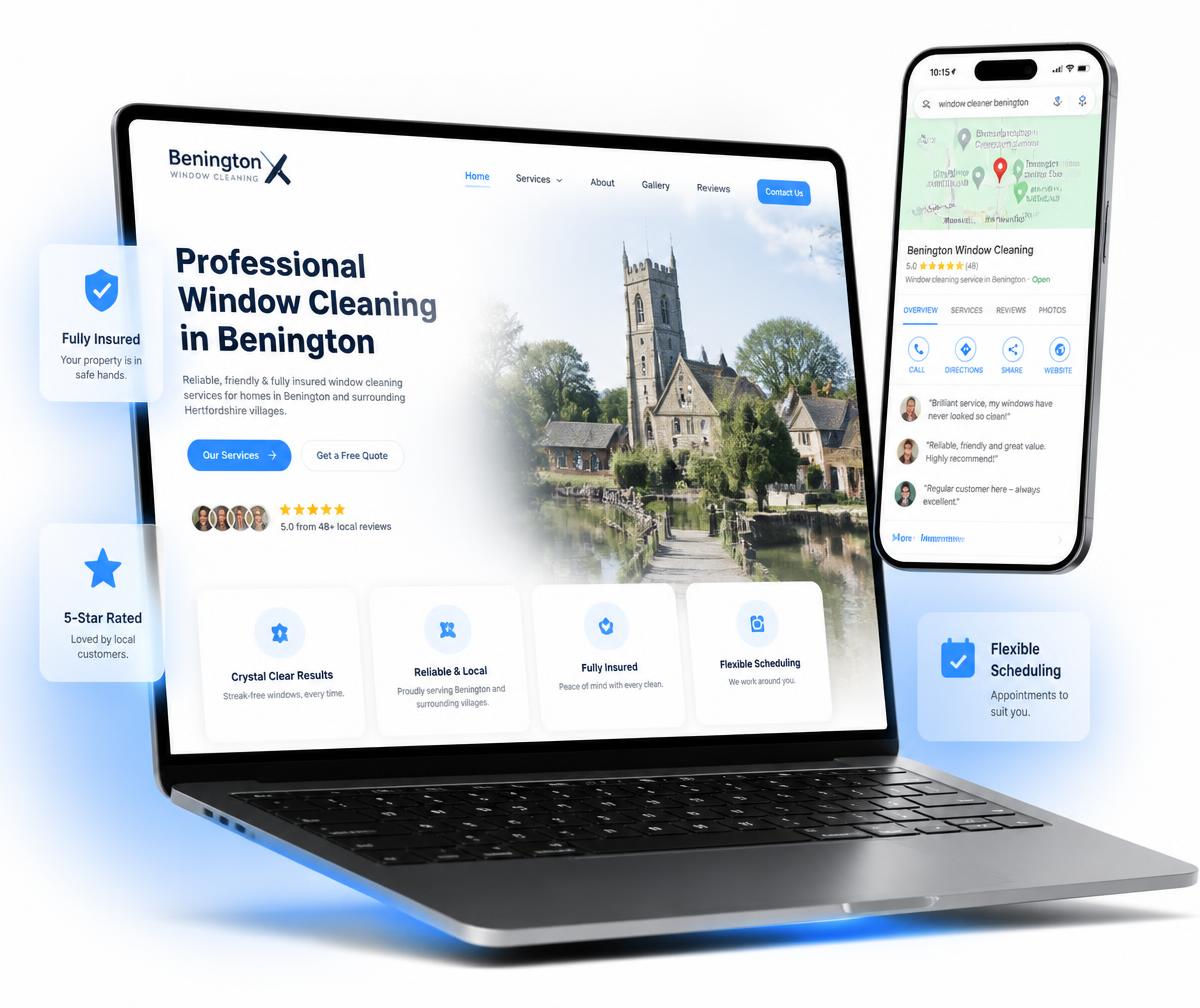 Sandridge website design shown on a laptop beside a phone displaying the business ranking in the local Google Maps results
