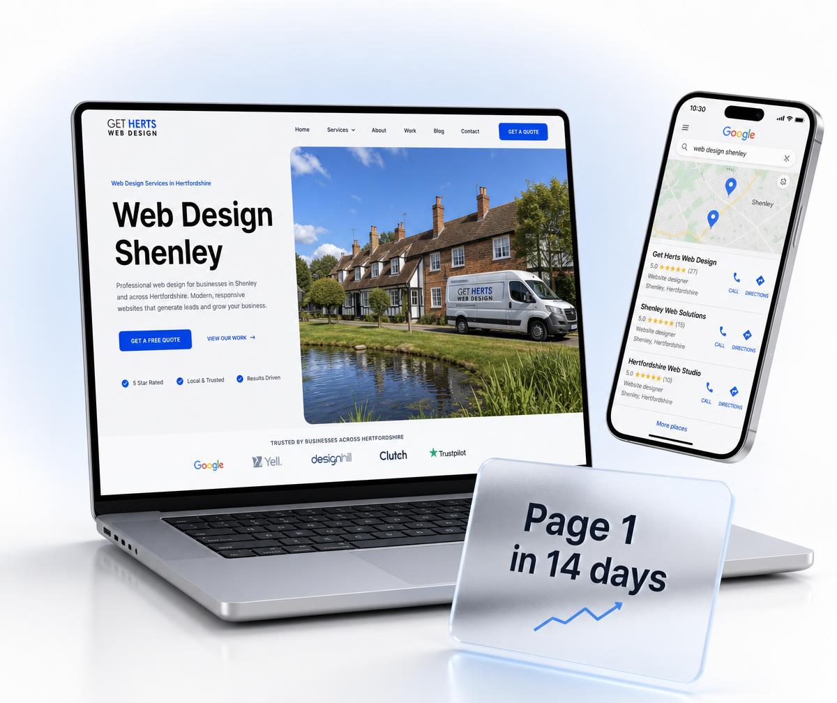 Shenley website design shown on a laptop beside a phone displaying the business ranking in the local Google Maps results