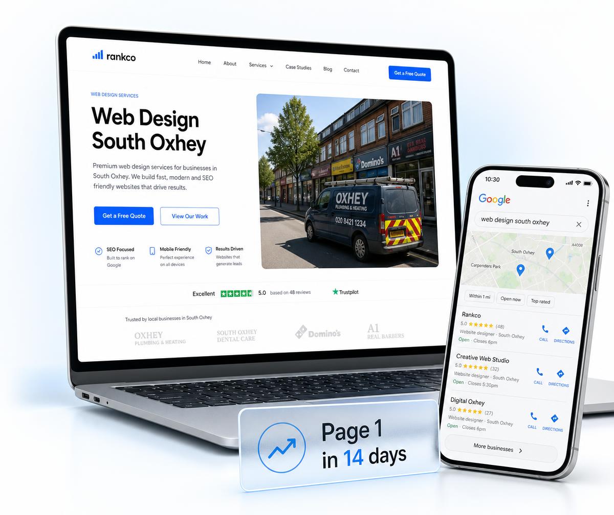 South Oxhey website design shown on a laptop beside a phone displaying the business ranking in the local Google Maps results