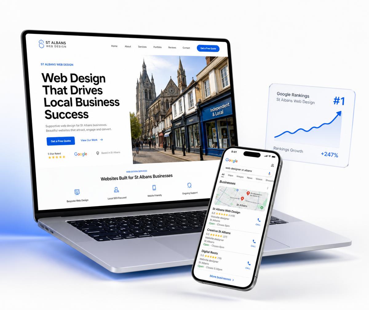 St Albans website design shown on a laptop beside a phone displaying the business ranking in the local Google Maps results
