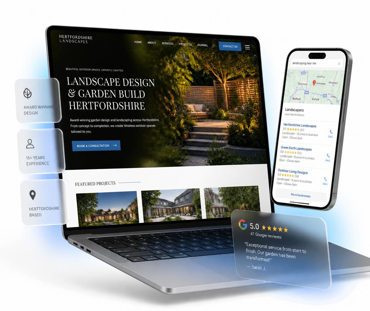 Tewin website design shown on a laptop beside a phone displaying the business ranking in the local Google Maps results