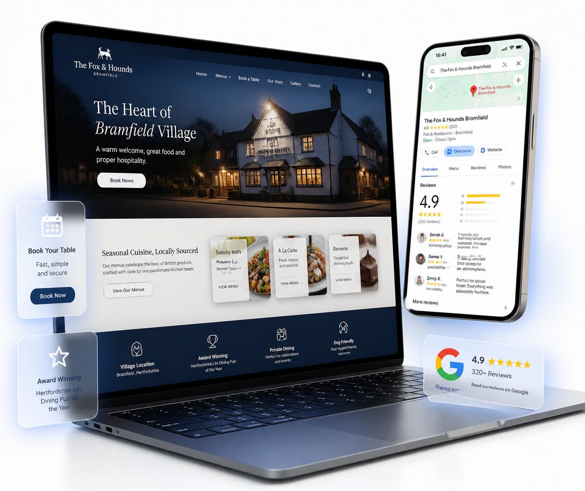Therfield website design shown on a laptop beside a phone displaying the business ranking in the local Google Maps results