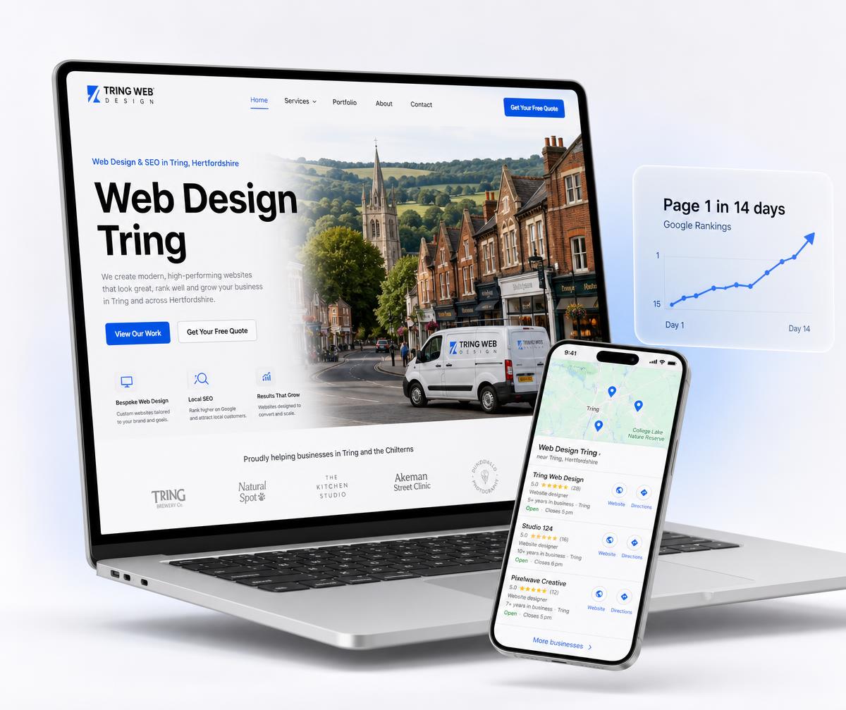 Tring website design shown on a laptop beside a phone displaying the business ranking in the local Google Maps results
