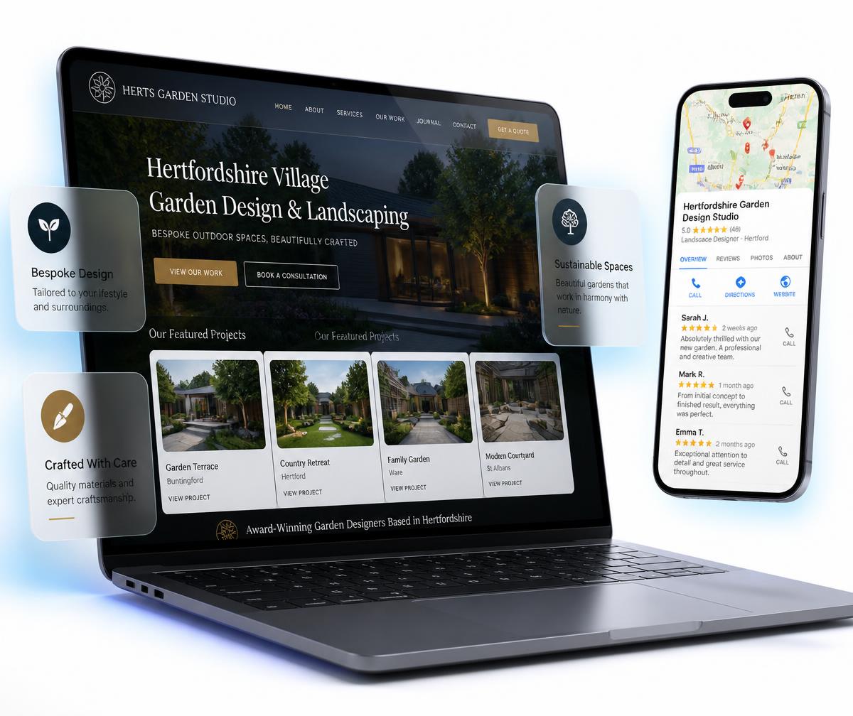 Wallington website design shown on a laptop beside a phone displaying the business ranking in the local Google Maps results