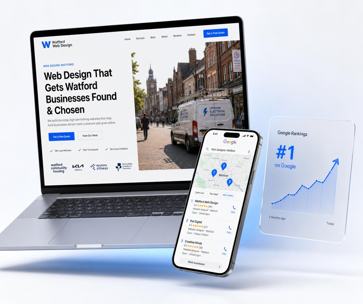 Watford website design shown on a laptop beside a phone displaying the business ranking in the local Google Maps results
