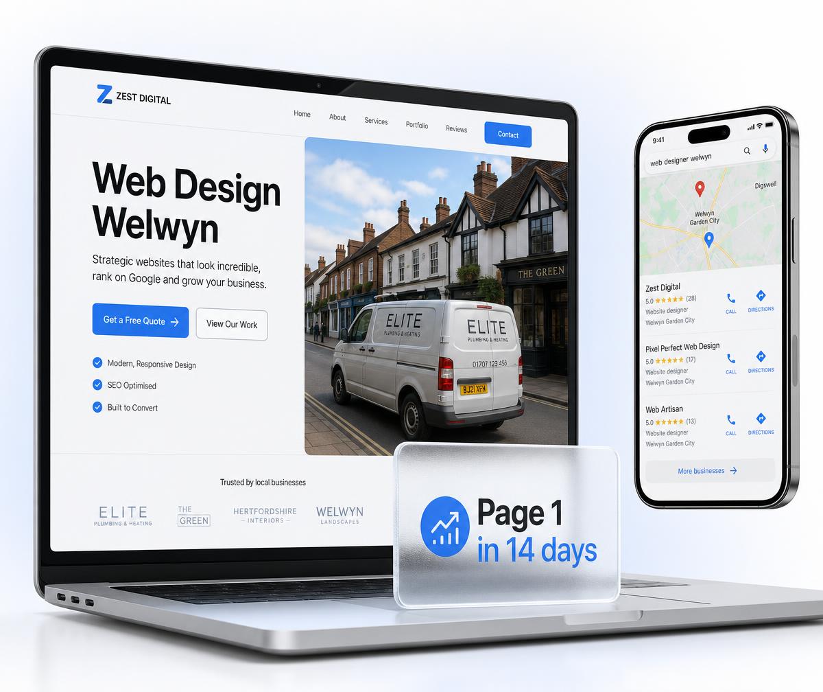 Welwyn website design shown on a laptop beside a phone displaying the business ranking in the local Google Maps results