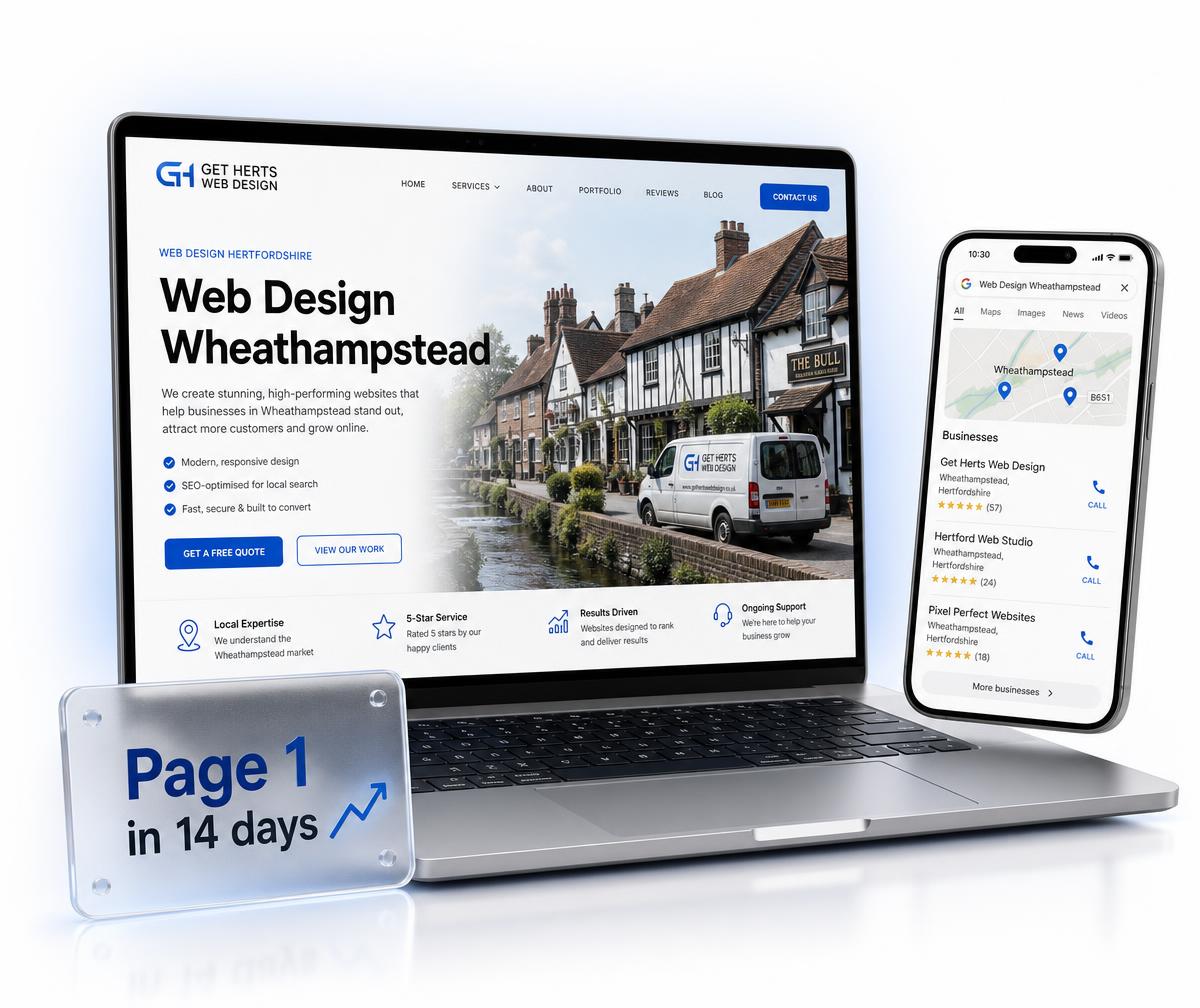 Wheathampstead website design shown on a laptop beside a phone displaying the business ranking in the local Google Maps results