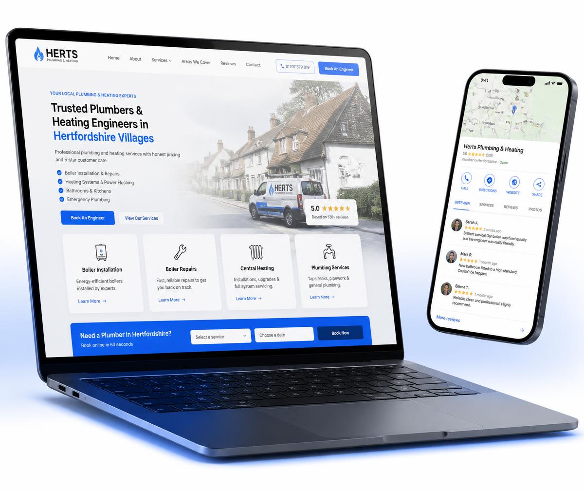 Woolmer Green website design shown on a laptop beside a phone displaying the business ranking in the local Google Maps results